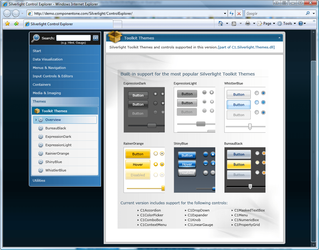 Built-in support for the most popular Microsoft Toolkit themes in ComponentOne Studio for SilverlightComponentOne Studio for Silverlight now includes built-in s