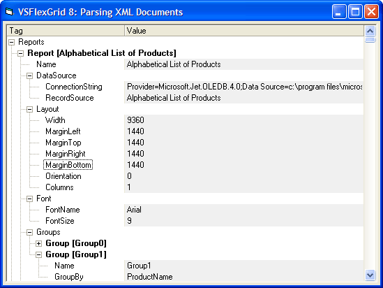 XML DataUse the VSFlexGrid control to display XML data in an outline format. Use the Microsoft XML parser (MSXML.DLL) to parse an XML document and populate the