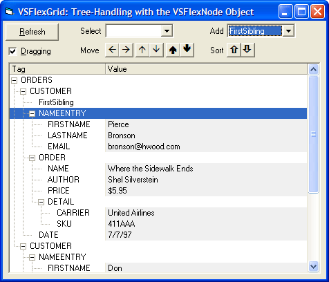 Outline TreeManage a VSFlexGrid outline tree using the VSFlexNode object. Build an outline tree from an XML file, then allows the user to move, select, add, and