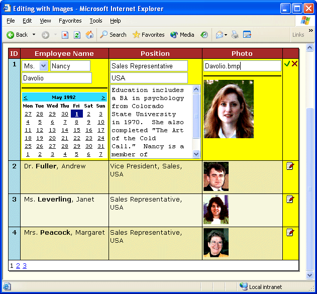 Edit a row using templatesReplace the standard text for the edit/update/cancel button with images.
