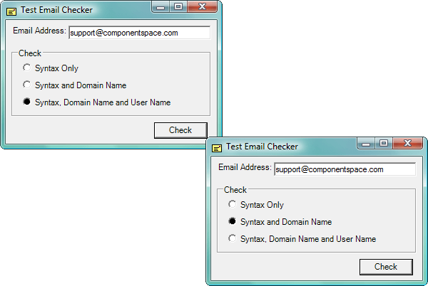 Screenshot of ComponentSpace Email Checker Component