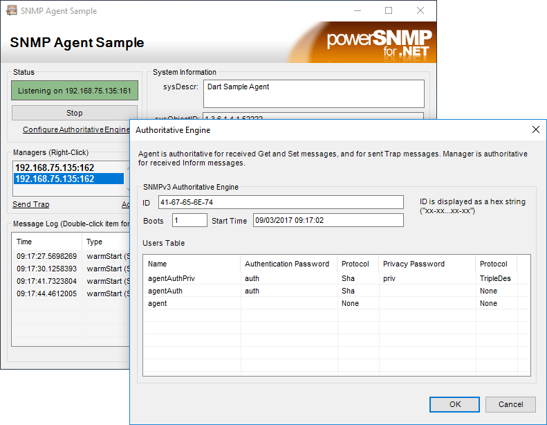 AgentYou can create an application with common SNMP agent functions, including responding to SNMP queries and sending unsolicited trap messages.