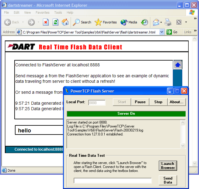 Flash ServerUse the Server Control and Service Control to create a server that can send XML data to a Flash client in a browser using the XMLSocket Object.