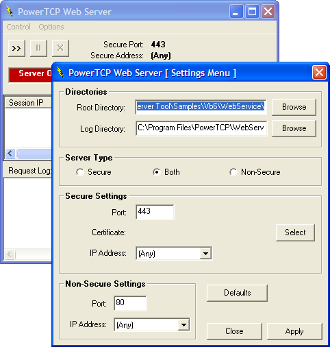 Web ServiceUse the PowerTCP WebServer Tool to write a simple HTTP/HTTPS web server. When compiled, this application can be run as a Service using the PowerTCP N