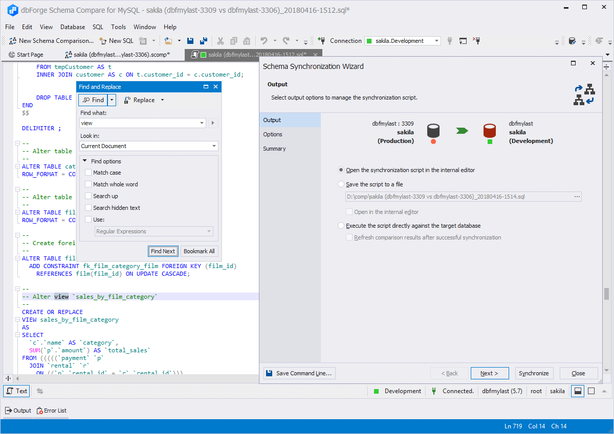 Screenshot of dbForge Schema Compare for MySQL