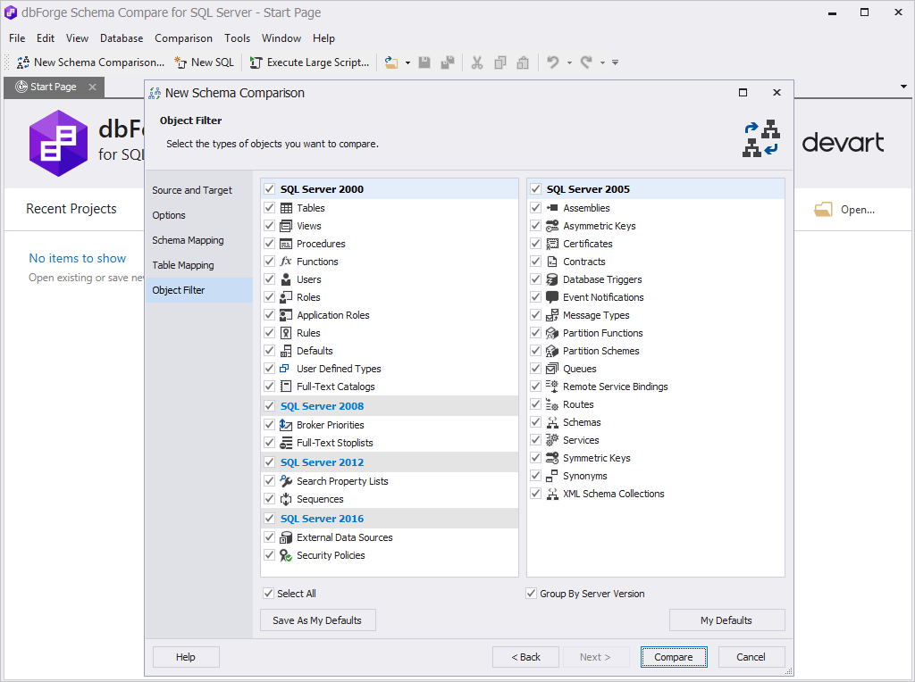 Supported Schema Objects