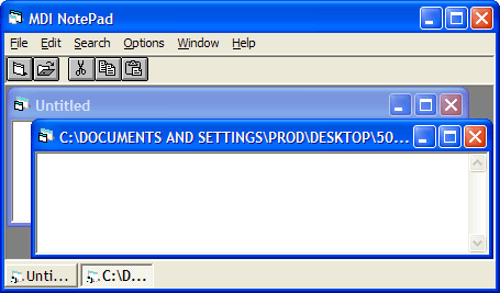 MDI TaskbarsThe MDI Taskbar Control (dwMDITaskbar) is designed for MDI applications. It resides at the top or bottom of an MDI form, and contains buttons that a