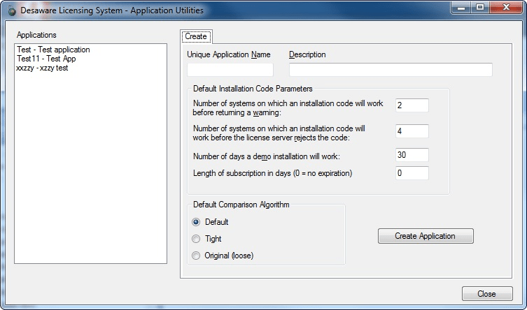 Application SelectSelect an application from a list of applications defined on the current server. All other License Manager functions work on the currently sel