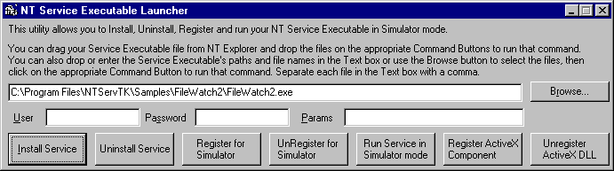 Simulation ModeInstall, uninstall, register and run your NT service in simulator mode.