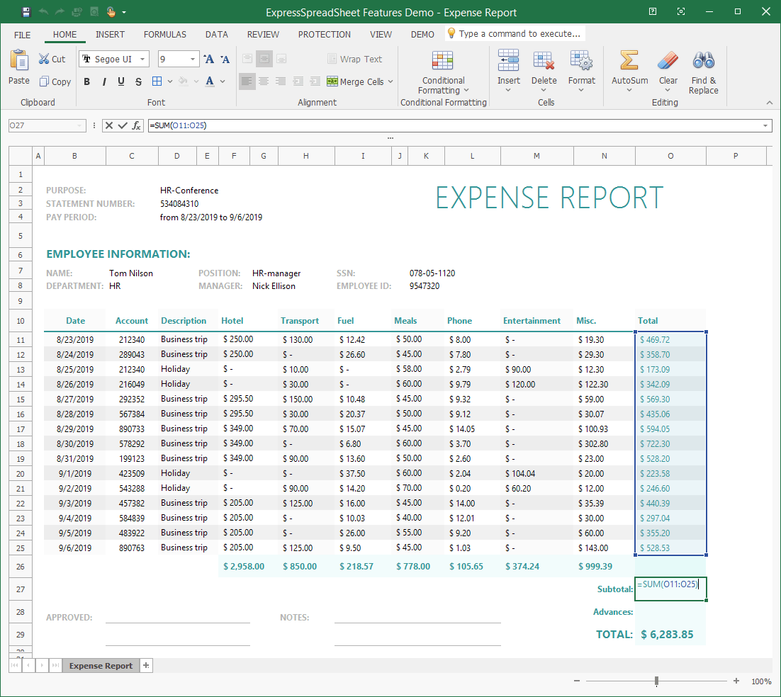 Spreadsheet Expense Report