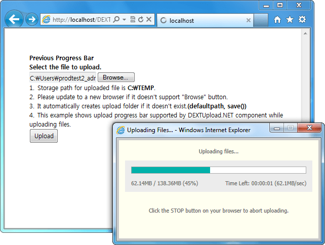 Upload ProgressYou can display a custom progress bar during the upload process.