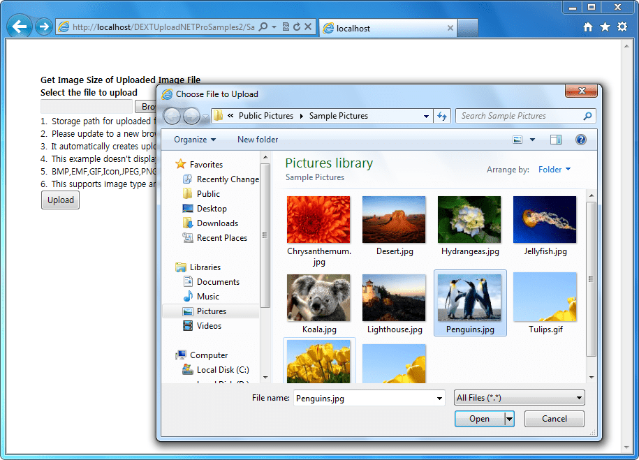 Watermarking and Image FormatDEXTUpload.NET allows you to upload and watermark images on the fly. You can also change image formats during the upload process.