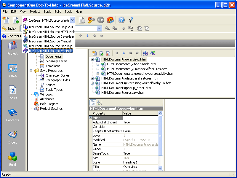 Single Source Help AuthoringQuickly and easily create and implement HTML Help, Cross-Platform HTML-based Help, JavaHelp, WinHelp, Visual Studio .NET-style Help,