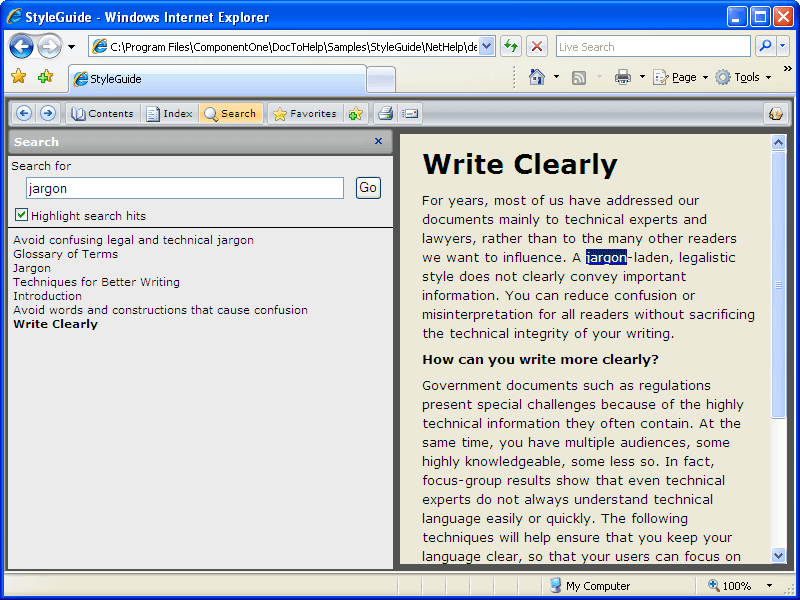 Advanced Search FeaturesNetHelp highlights search terms in search results. Doc-To-Help 2007 v1 also adds a JavaScript search option (adding to existing Java sea