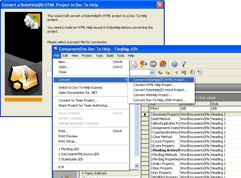 RoboHelp Project ConverterImport a RoboHelp file and Doc-To-Help will automatically convert it to a Doc-To-Help HTML source file, complete with Doc-To-Help mark