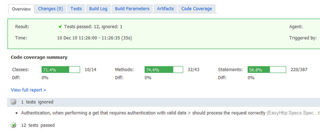 Coverage Stats on a TeamCity ServerShowing code coverage statistics gathered by dotCover on a TeamCity server.