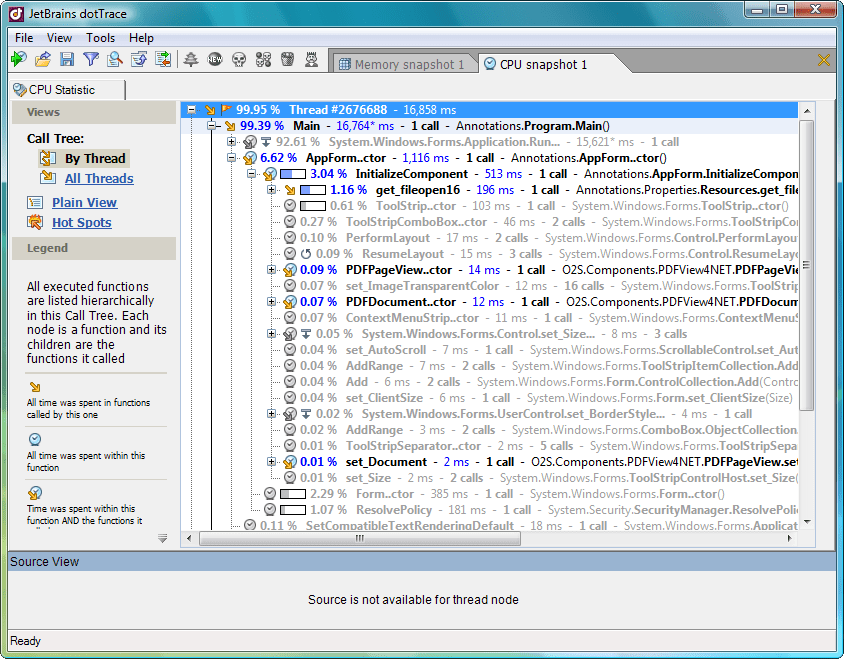 Convenient data representationA number of informative views (Call Tree, Hot Spots and more) allow convenient inspection of profiling data stored in snapshots. T