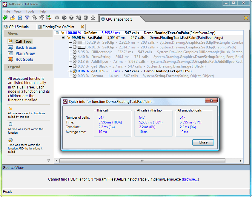 Quick InfoYou can look up Quick Info on any function from the Call Tree view. The lookup window provides a summary of function statistics with respect to the se