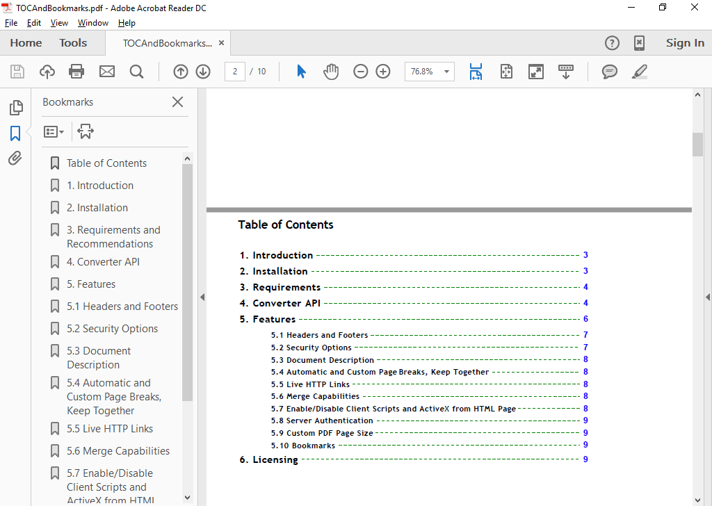 Table of ContentsYou can convert HTML links with anchors to internal links in your PDF to easily create a table of contents in the generated PDF.