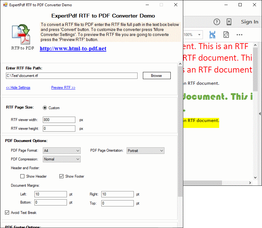 Converter SettingsThe product lets you adjust RTF and PDF settings for example, page size, format, compression etc.