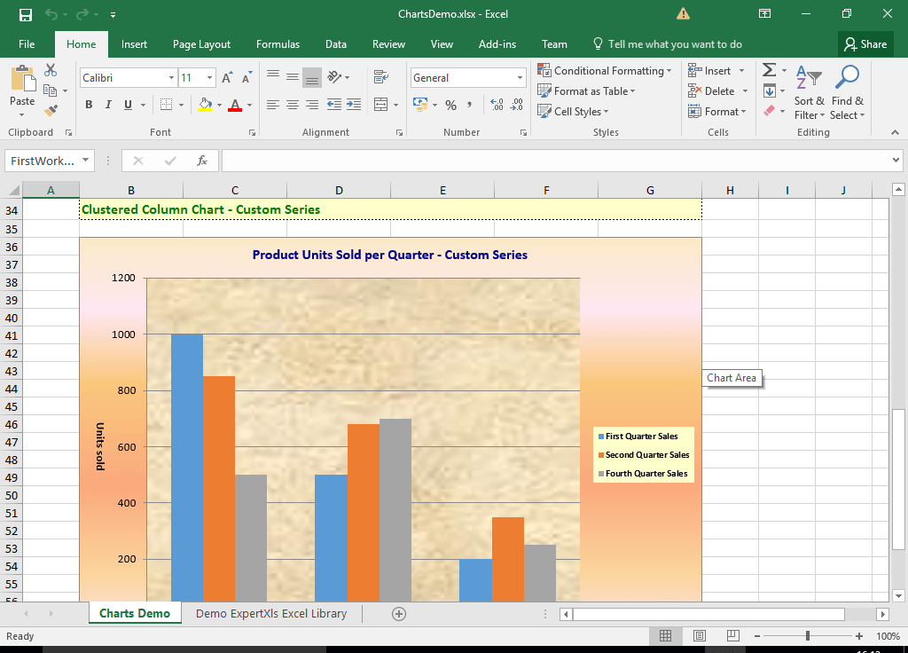 ChartsYou can add charts to a worksheet as embedded shapes. The chart series can be automatically created from the specified data source range or the series can