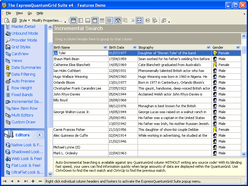 Incremental Search for each ColumnYour users can instantly locate any information displayed within individual columns without the need to scroll the entire cont