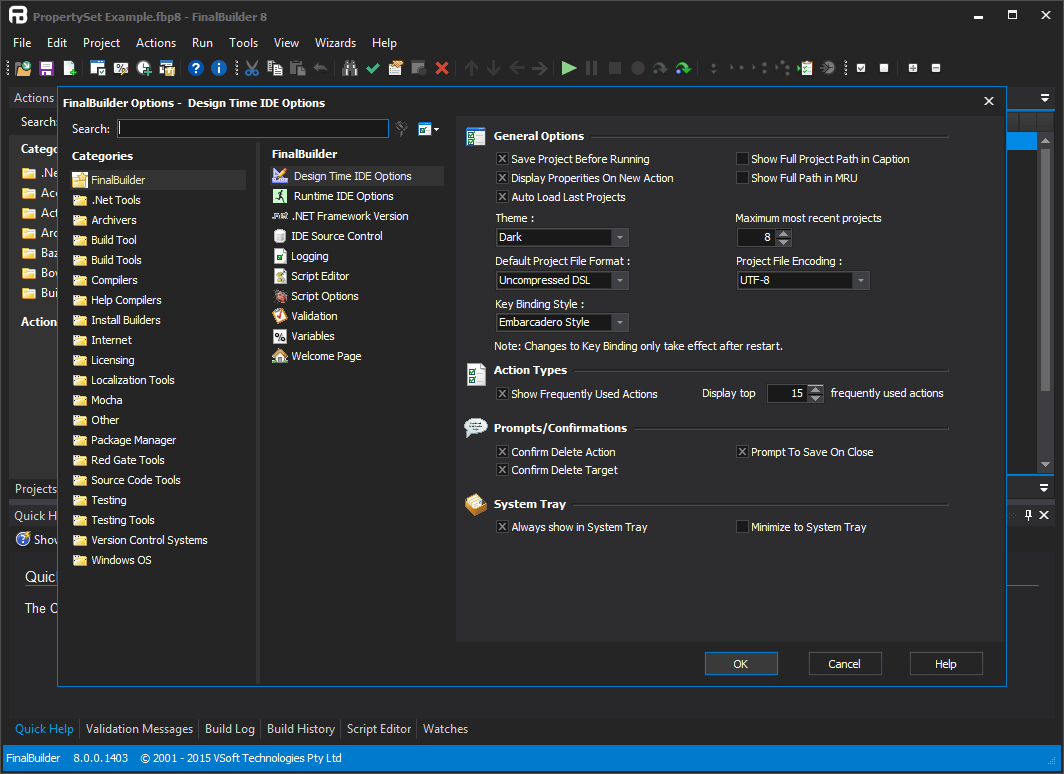 Design Time OptionsYou can edit FinalBuilder IDE's Design Time Options through the General IDE Options settings. You can also change other settings for .NET Too