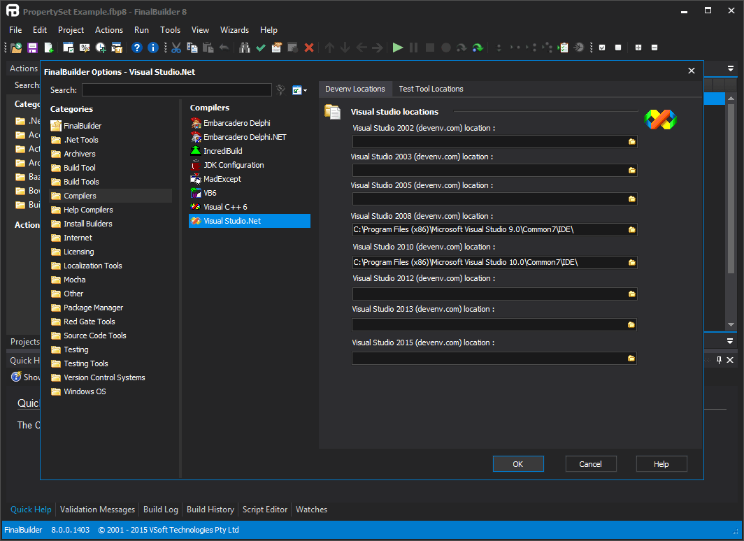 CompilersSelect from a number of different compilers, Borland Delphi, JDK Configuration, MadExcept, Borland Delphi for .NET, Visual C++ 6, Visual Basic 6, Visua